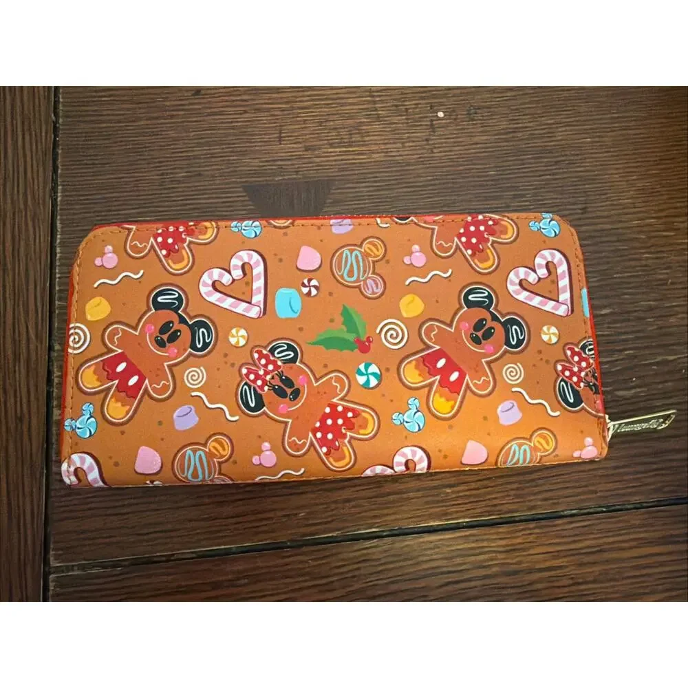 Loungefly Disney Gingerbread Mickey Minnie Zip Wallet Red Multicolor Gold